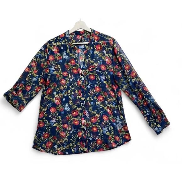 Kut from the Kloth women's blue floral chiffon button-down blouse sz L - Picture 2 of 7